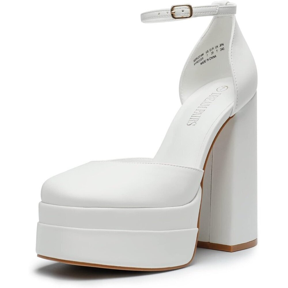 Dream Pairs Women White Faux Leather Closed Toe Chunky High Heels Platform